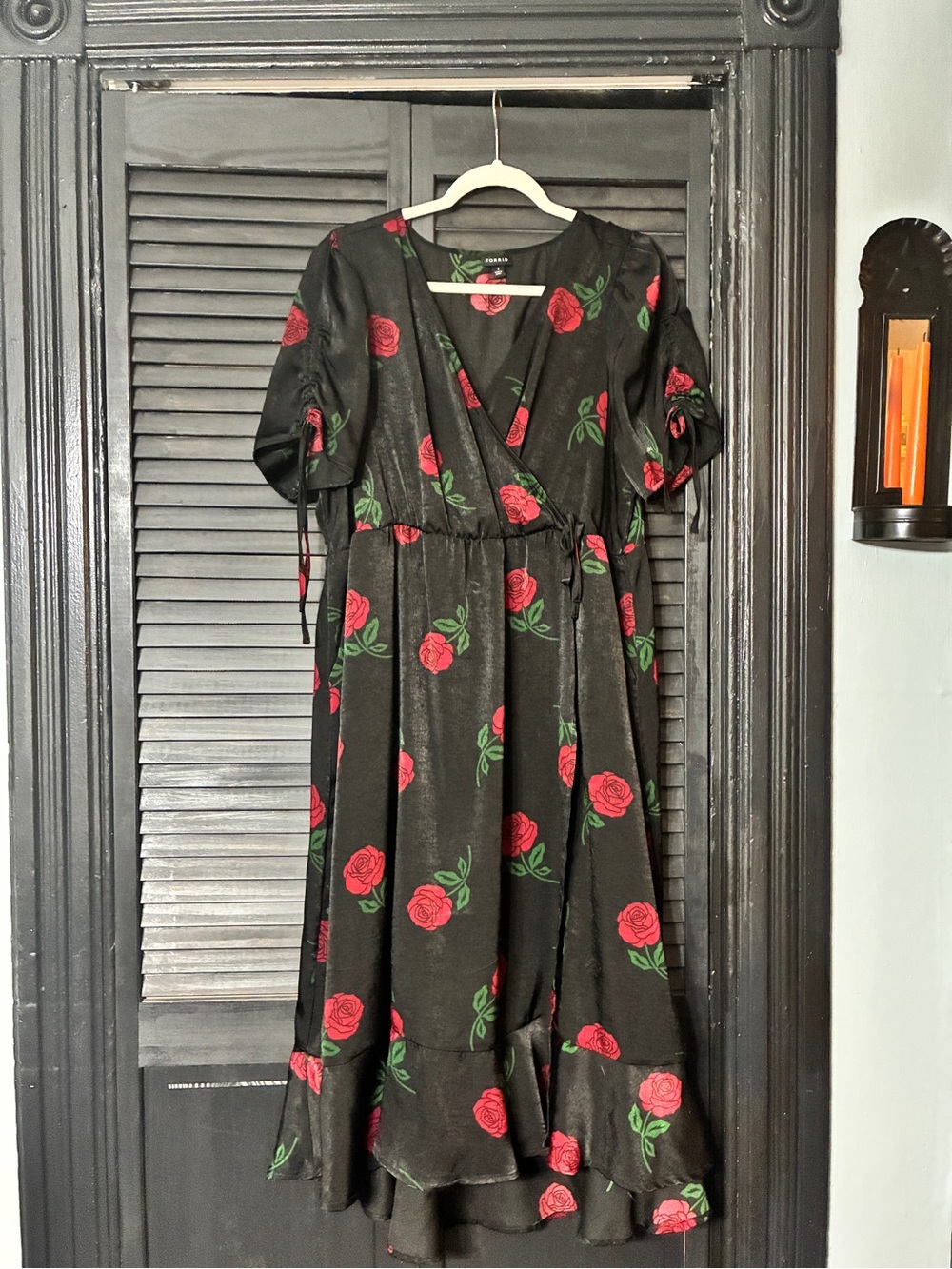Black Maxi Wrap Dress with Red Rose Print